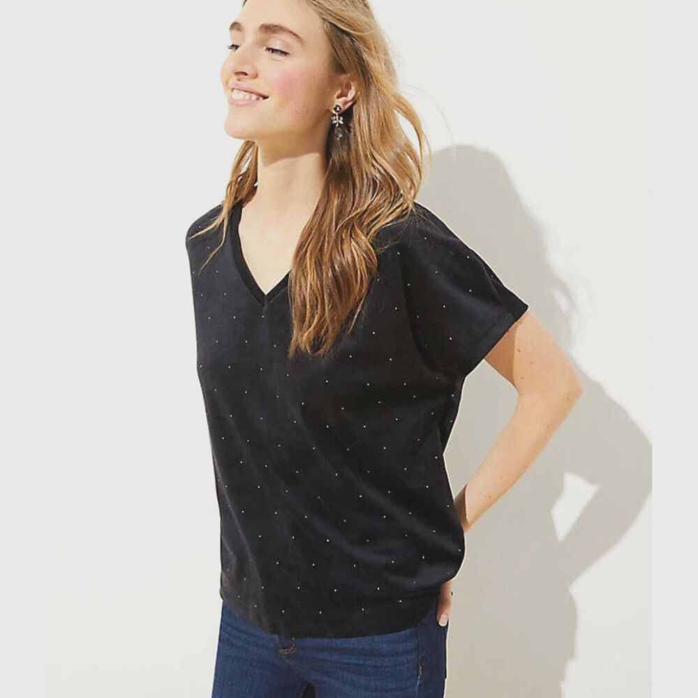Loft Petites Women's Studded Velvet V-Neck Short Sleeve Black Top Size MP
